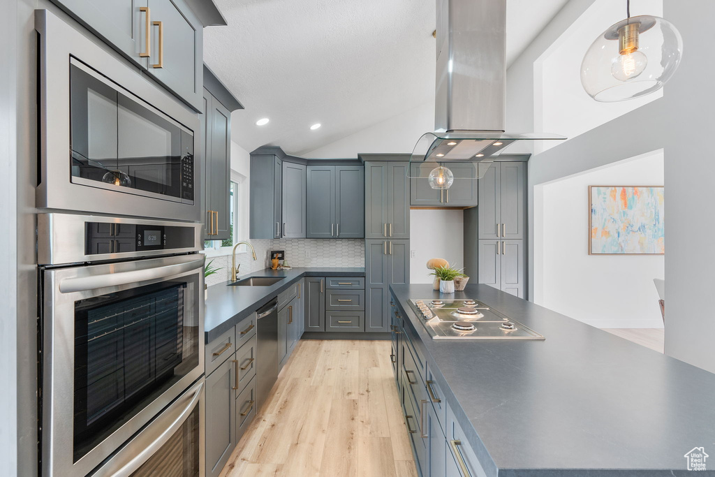 Kitchen with light hardwood / wood-style floors, sink, exhaust hood, appliances with stainless steel finishes, and decorative light fixtures