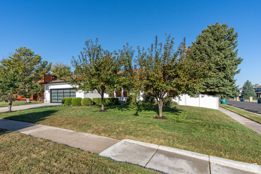 View of property hidden behind natural elements featuring a garage and a front yard