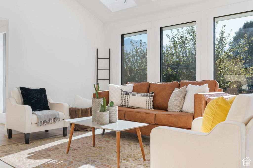 Living room featuring wood-type flooring and vaulted ceiling