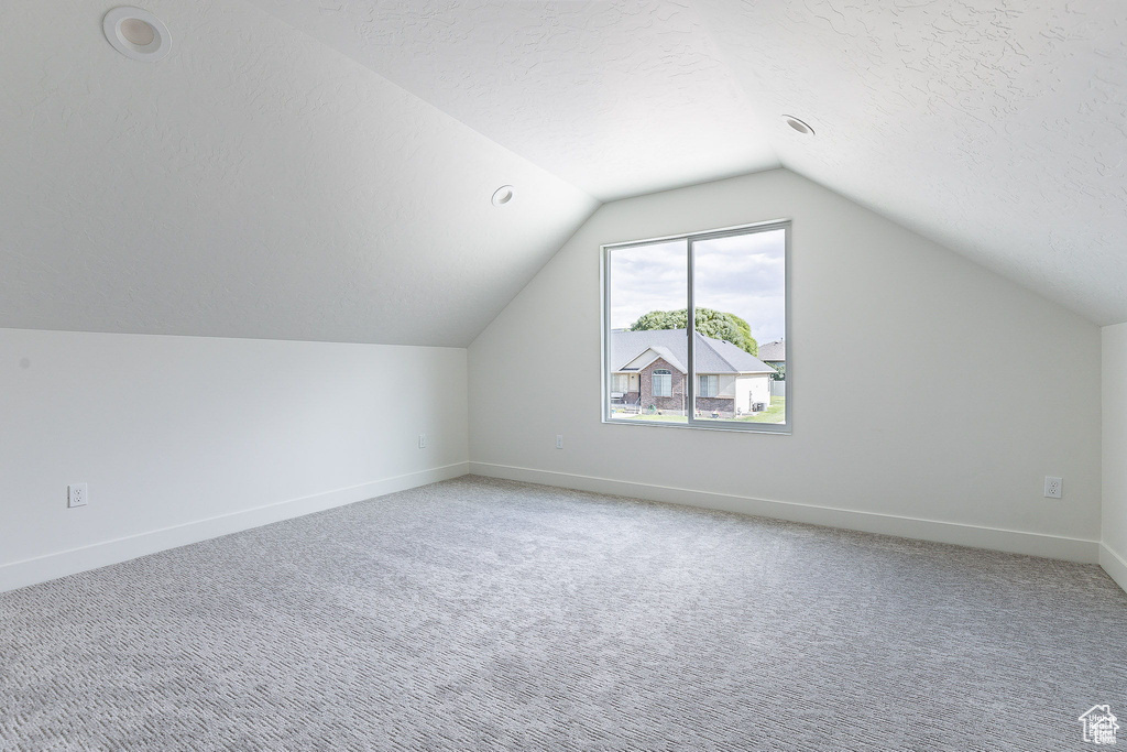 Additional living space with vaulted ceiling, a textured ceiling, and carpet flooring