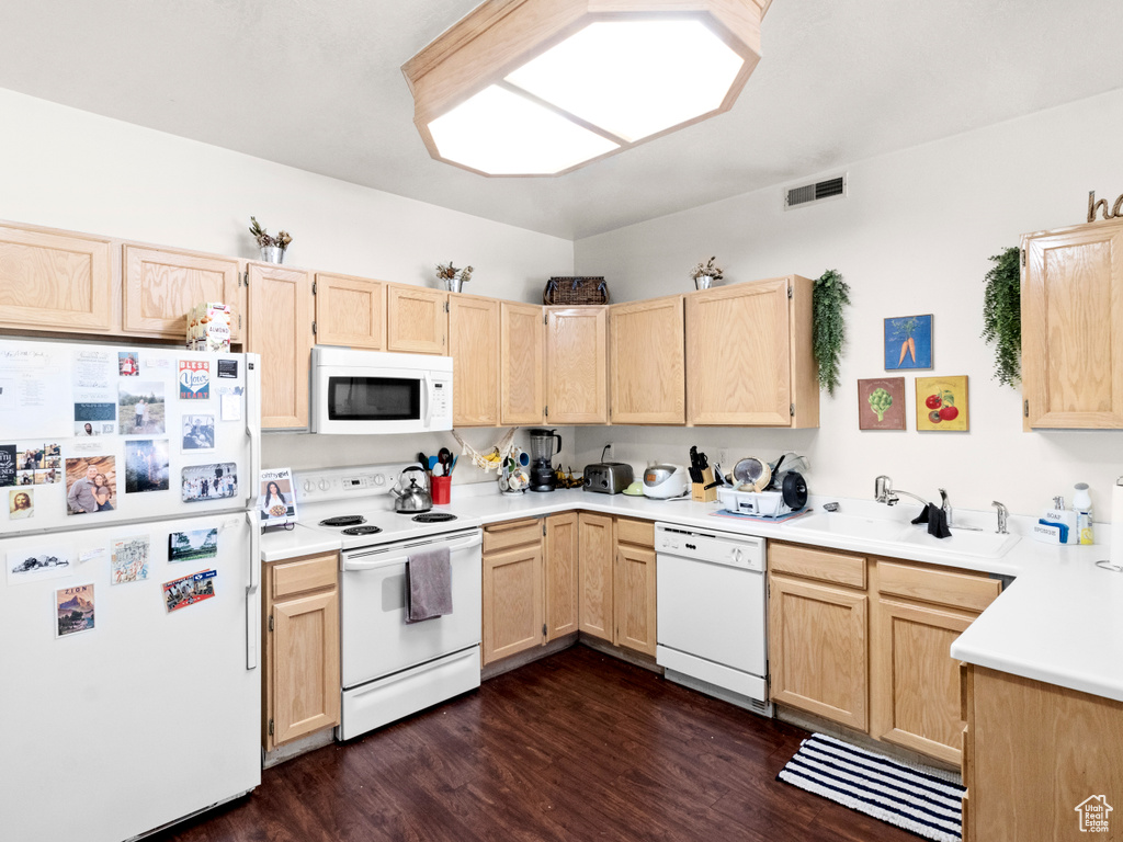 Kitchen featuring light brown cabinetry, dark hardwood / wood-style floors, sink, and white appliances