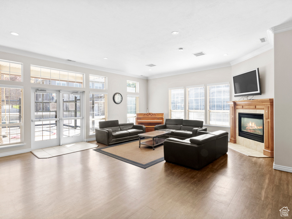 Living room with a fireplace, plenty of natural light, and light hardwood / wood-style flooring