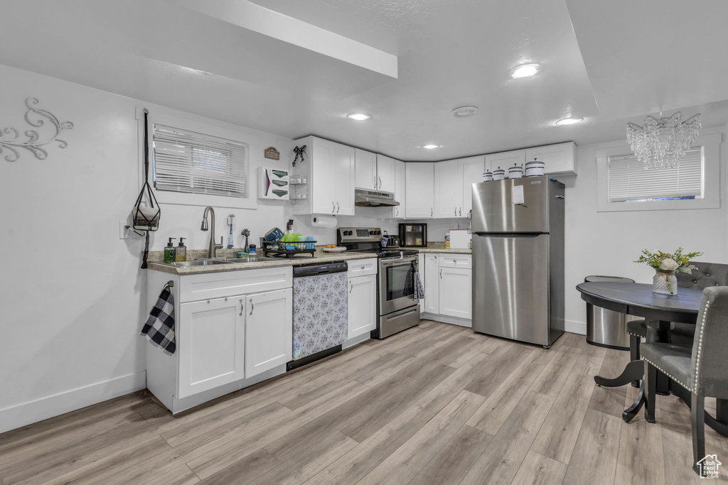 Kitchen featuring light wood-type flooring, white cabinetry, sink, and stainless steel appliances