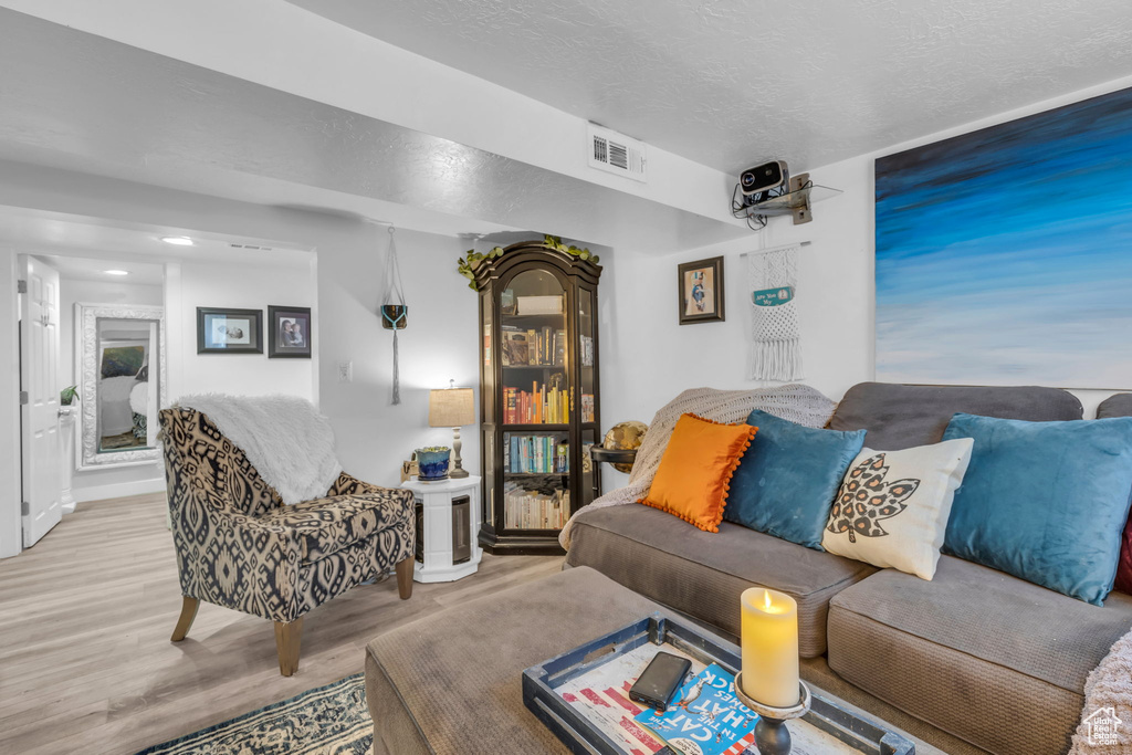 Living room featuring light hardwood / wood-style flooring and a textured ceiling