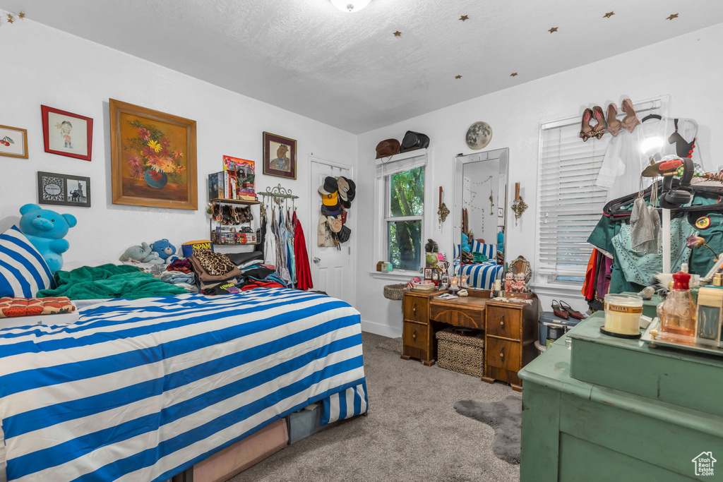 Carpeted bedroom featuring a textured ceiling