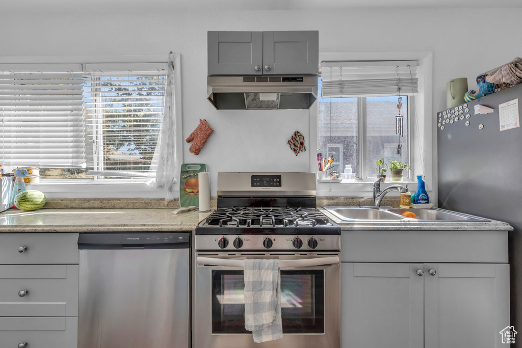 Kitchen featuring gray cabinets, sink, stainless steel appliances, and exhaust hood