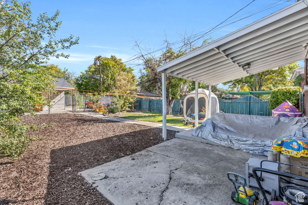 Exterior space featuring a shed