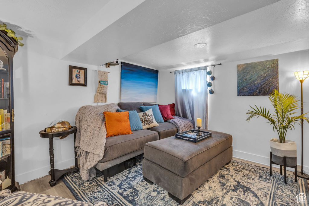 Living room featuring a textured ceiling and light hardwood / wood-style flooring