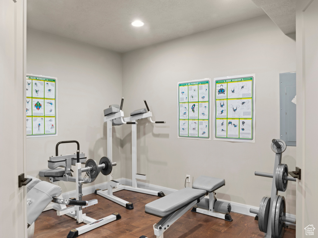 Workout room featuring electric panel and hardwood / wood-style floors