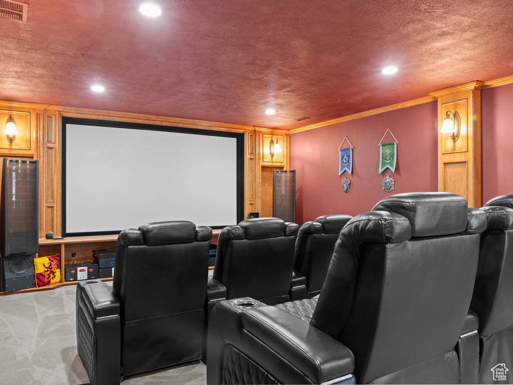 Carpeted home theater room featuring a textured ceiling, crown molding, and decorative columns