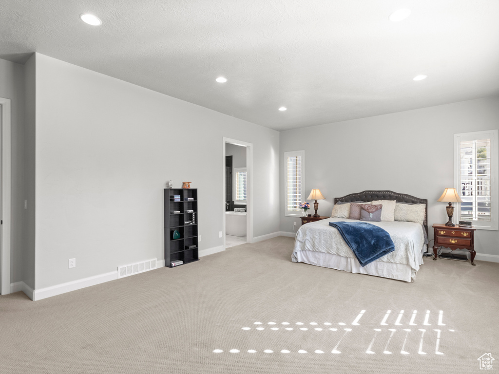 Bedroom with light carpet and ensuite bathroom