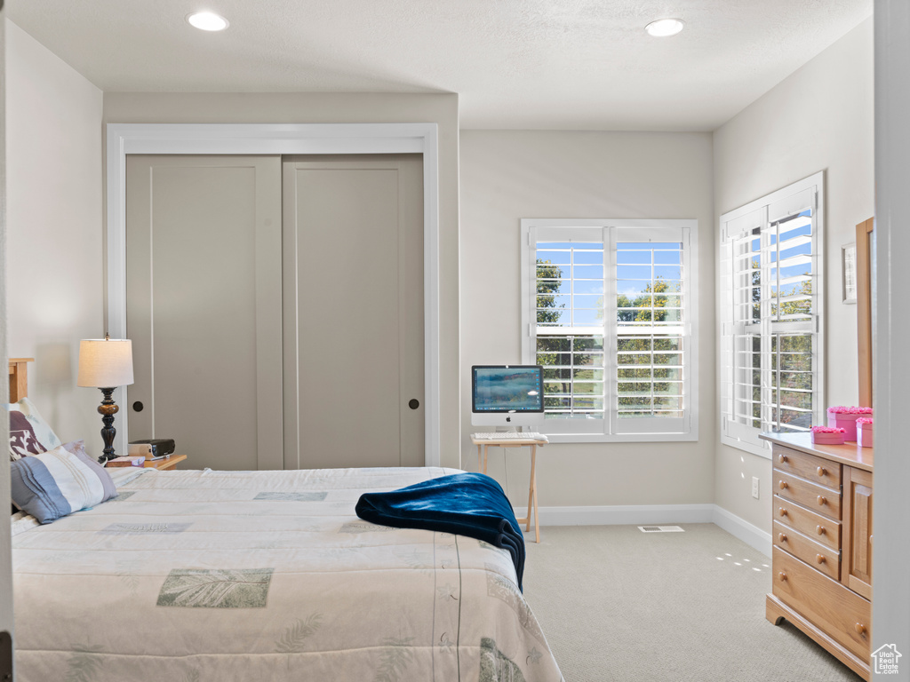 Bedroom with carpet floors and a closet