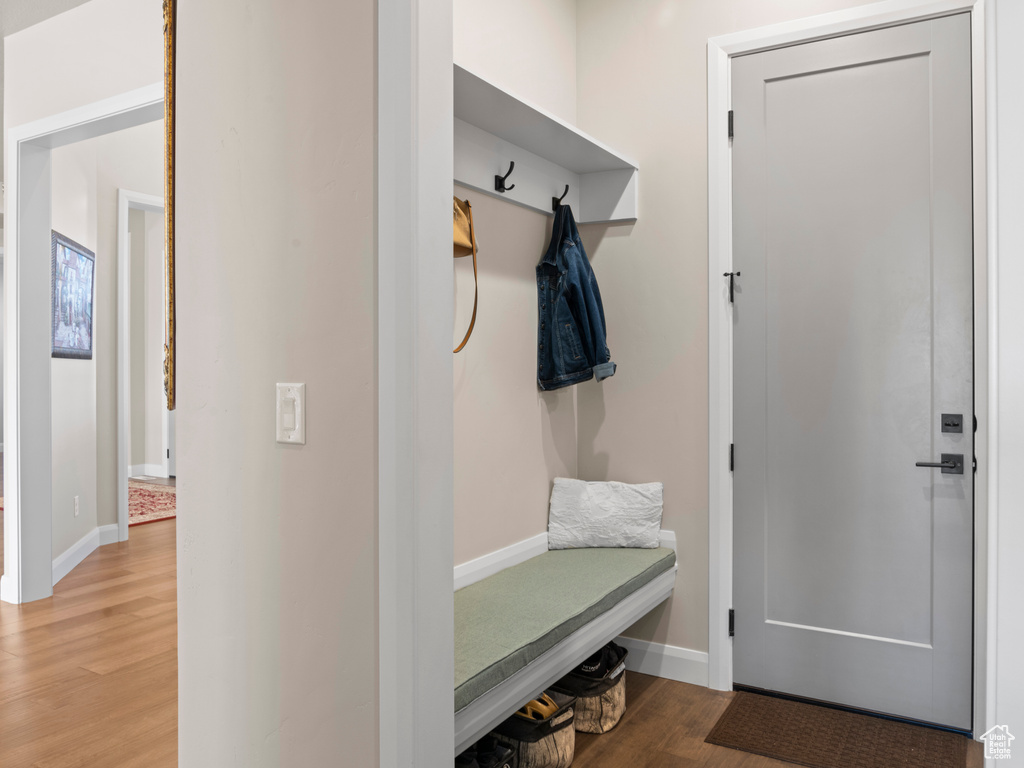 Mudroom featuring wood-type flooring