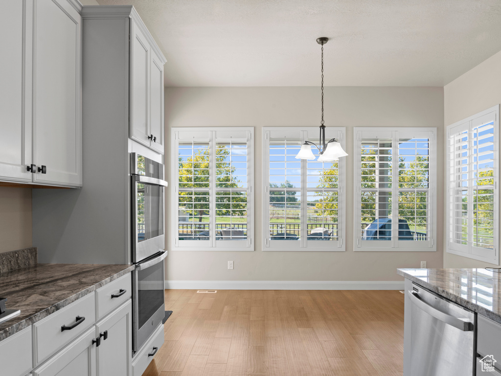 Kitchen featuring a wealth of natural light, white cabinetry, light hardwood / wood-style floors, and appliances with stainless steel finishes