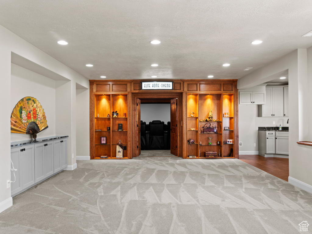 Living room featuring a textured ceiling and light carpet