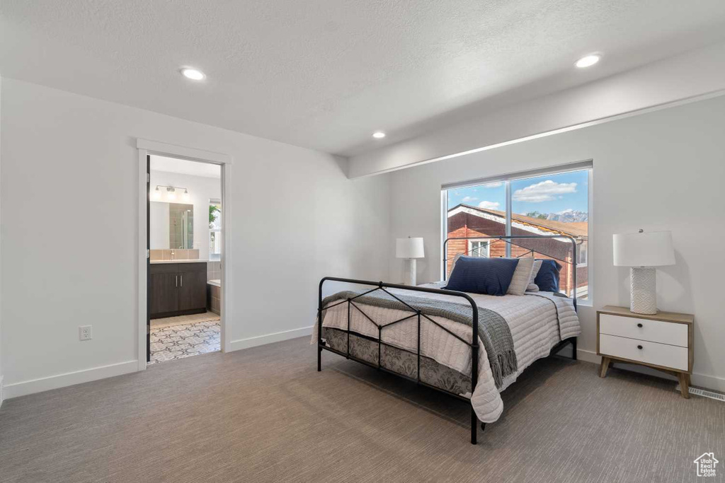 Carpeted bedroom with a textured ceiling and connected bathroom