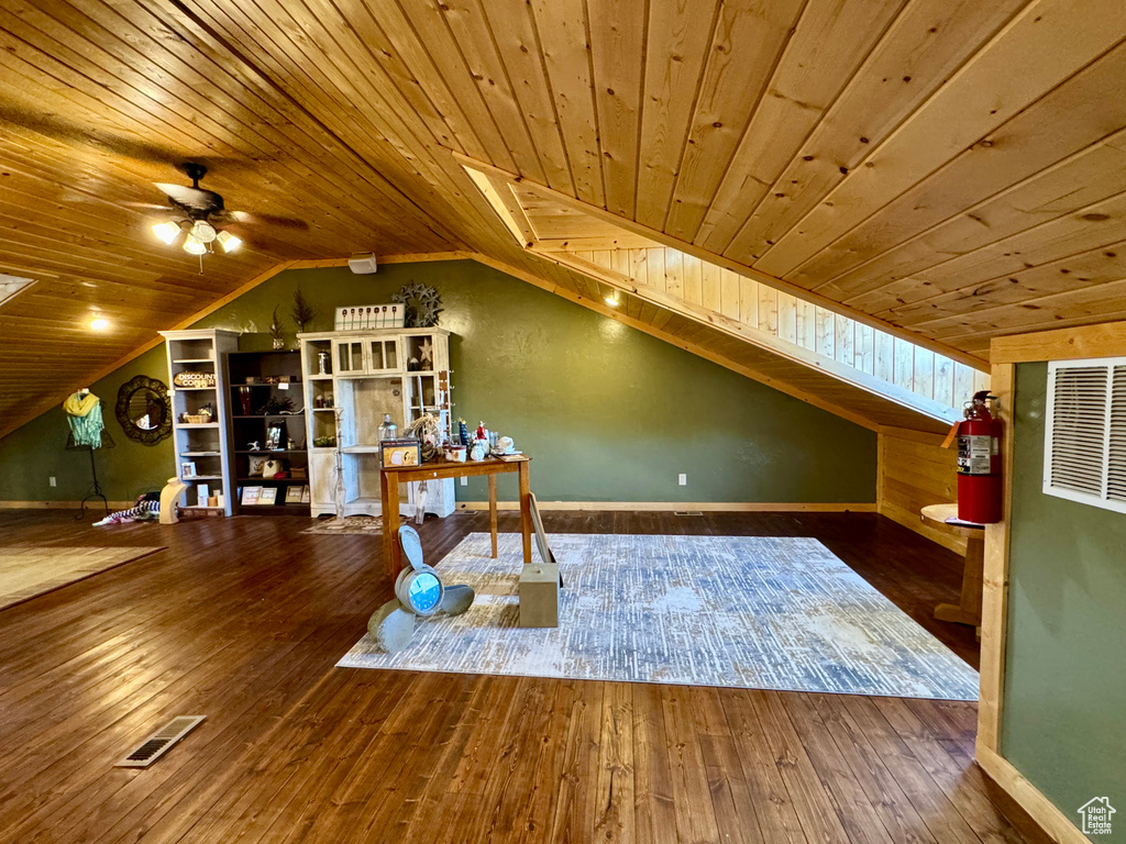 Bonus room with lofted ceiling, ceiling fan, wooden ceiling, and hardwood / wood-style floors