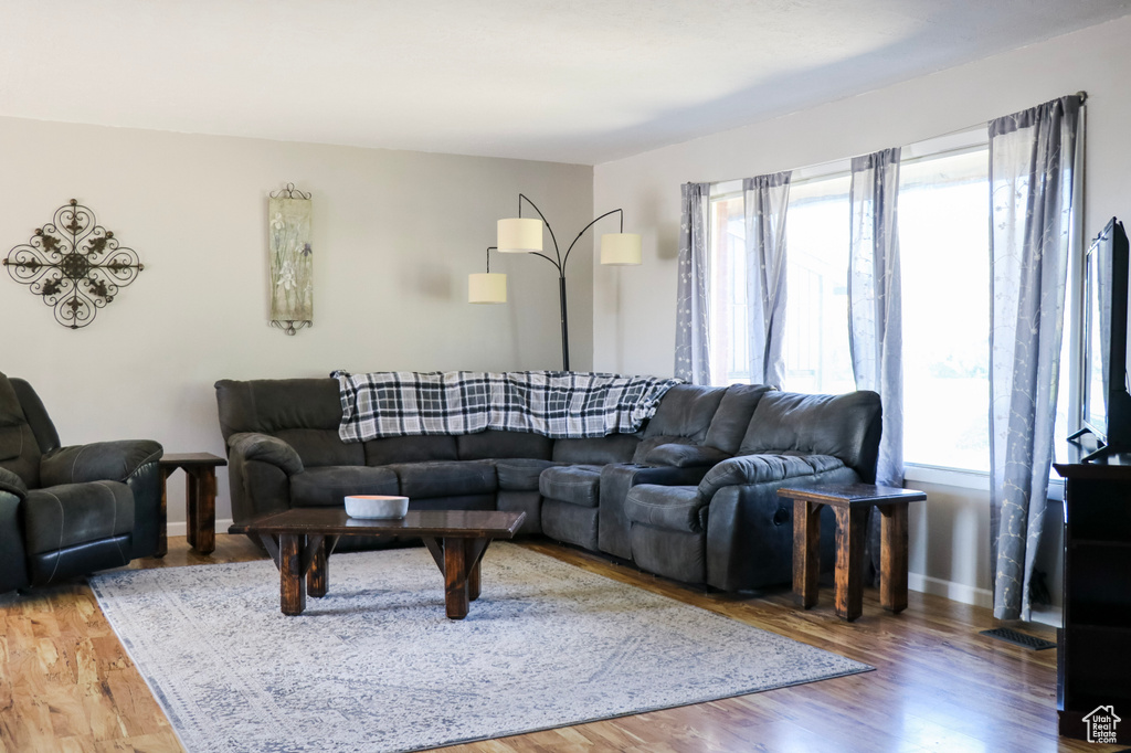 Living room with wood-type flooring and a healthy amount of sunlight