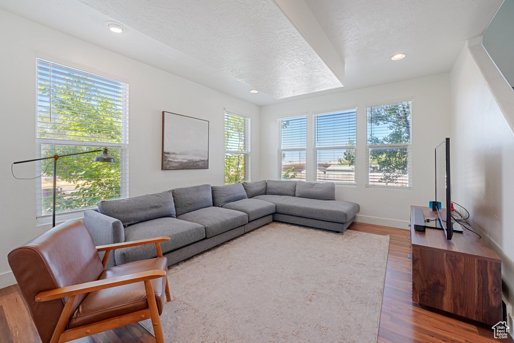 Living room featuring a textured ceiling, dark hardwood / wood-style floors, and plenty of natural light