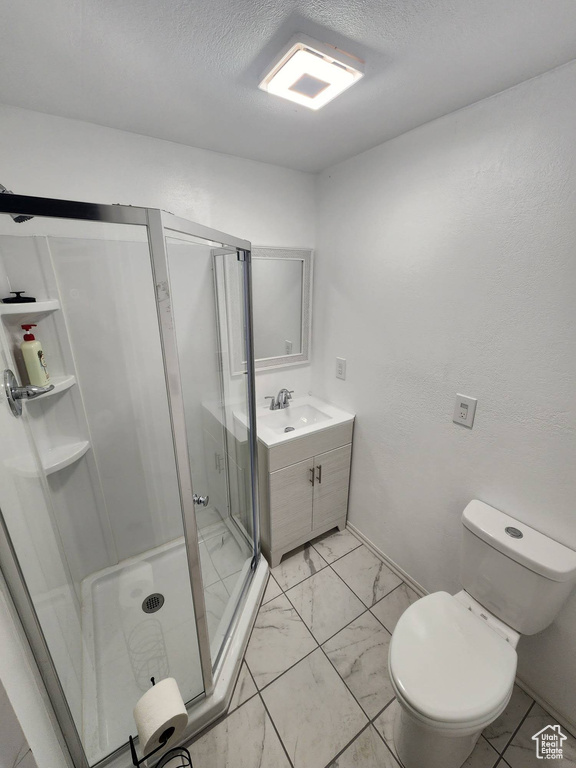 Bathroom featuring vanity, a textured ceiling, toilet, and a shower with door