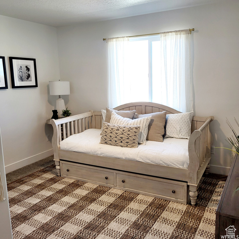 Carpeted bedroom with a textured ceiling