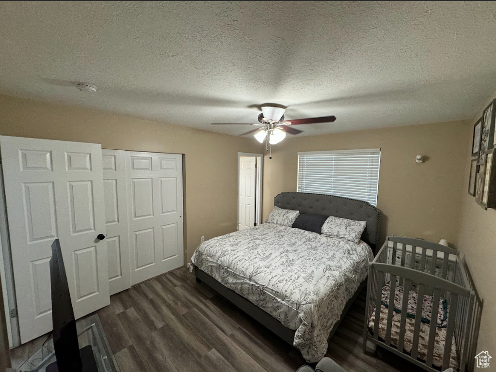 Bedroom featuring a textured ceiling, dark wood-type flooring, ceiling fan, and a closet