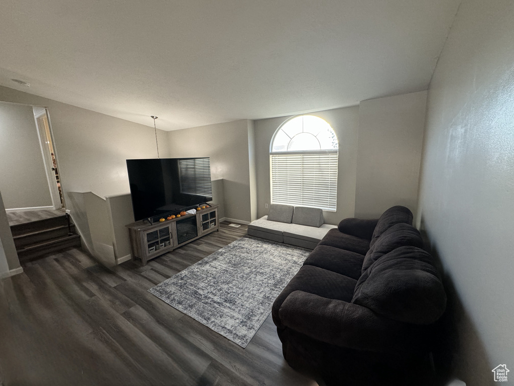 Living room with dark hardwood / wood-style flooring