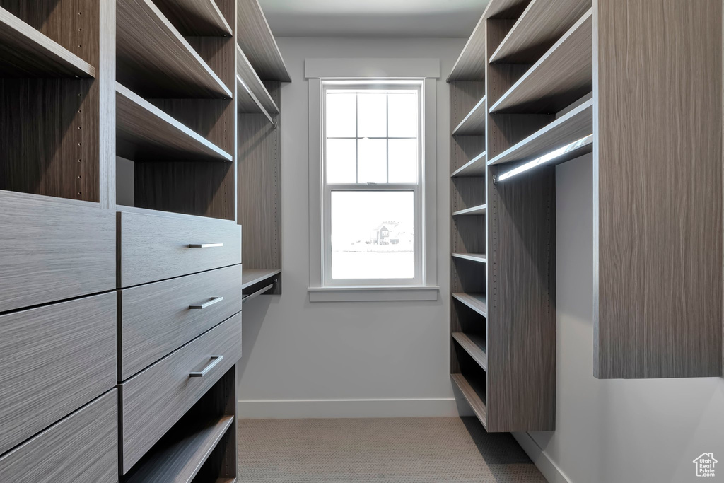 Walk in closet with light colored carpet