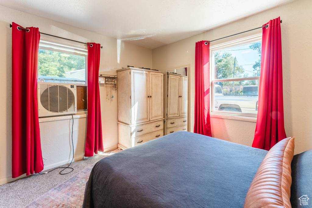 Carpeted bedroom featuring multiple windows