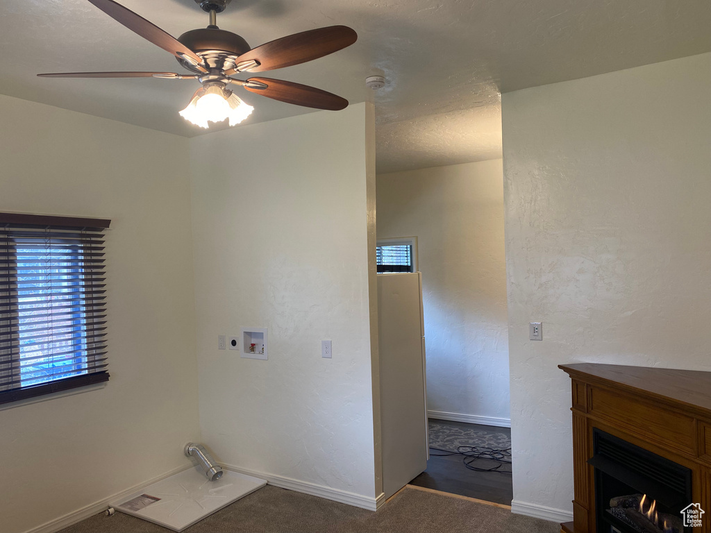 Laundry area featuring washer hookup, ceiling fan, and dark carpet