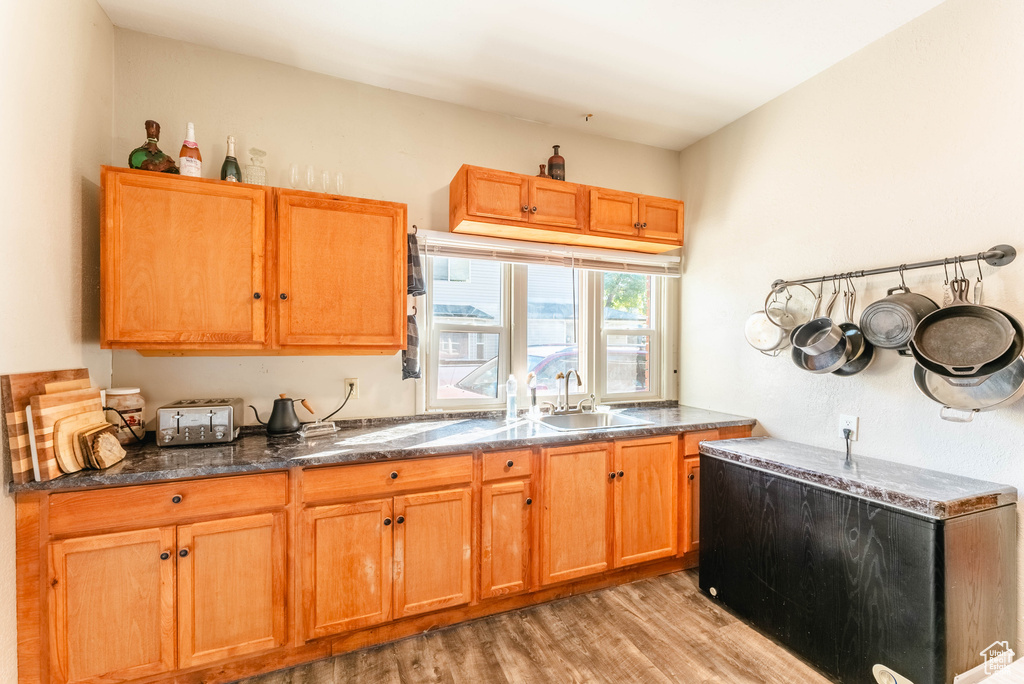 Kitchen with light hardwood / wood-style flooring and sink