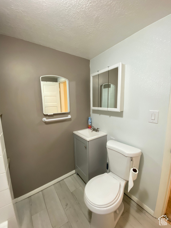 Bathroom with wood-type flooring, a textured ceiling, vanity, and toilet