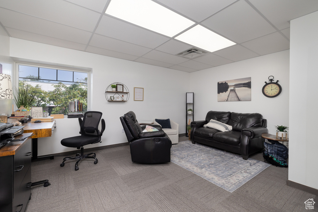 Carpeted home office with a drop ceiling