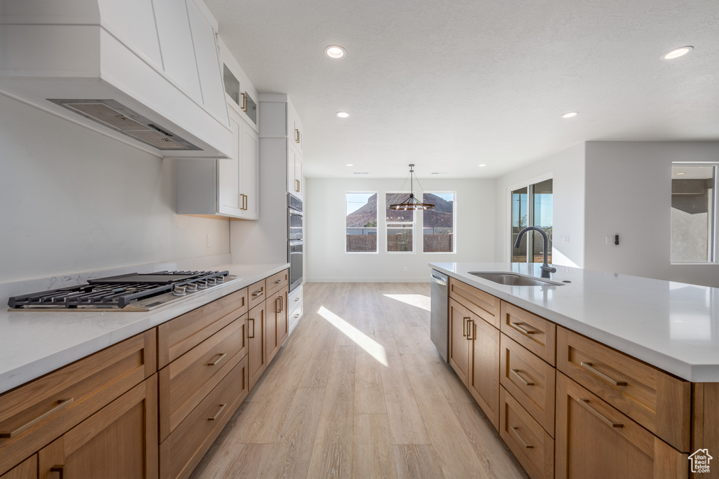 Kitchen with white cabinets, stainless steel appliances, custom exhaust hood, light hardwood / wood-style flooring, and sink