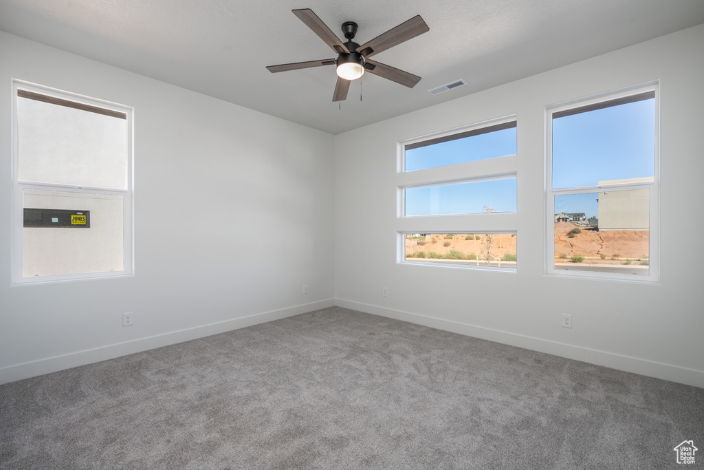 Carpeted spare room with ceiling fan