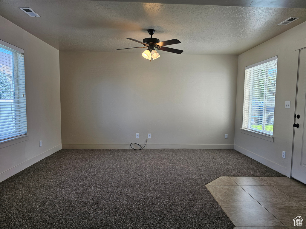 Carpeted empty room with ceiling fan, plenty of natural light, and a textured ceiling