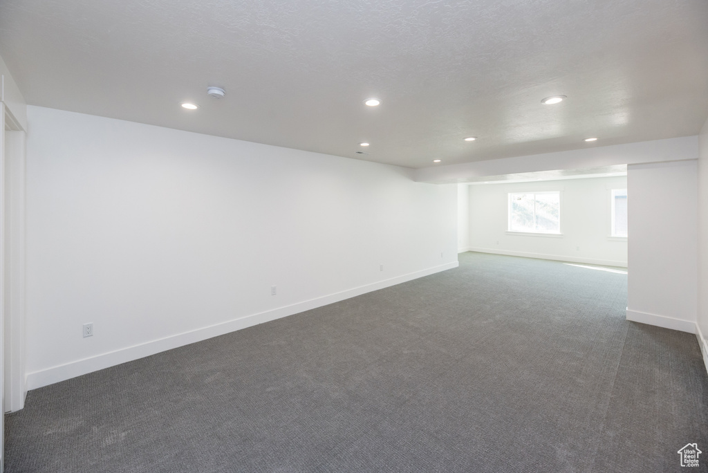 Basement with dark carpet