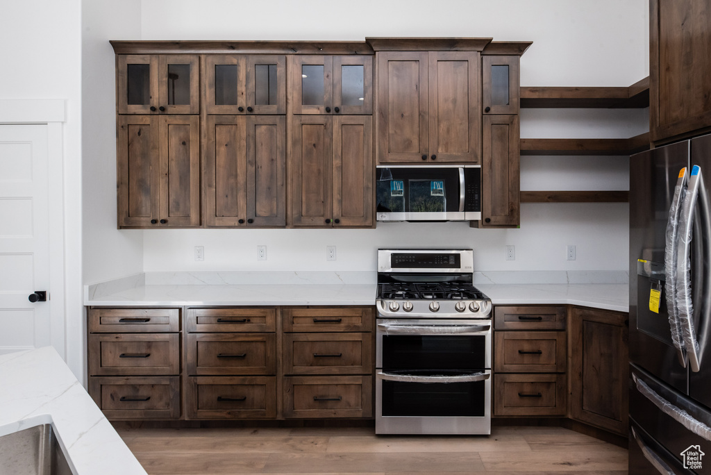 Kitchen with light hardwood / wood-style floors, dark brown cabinets, and stainless steel appliances