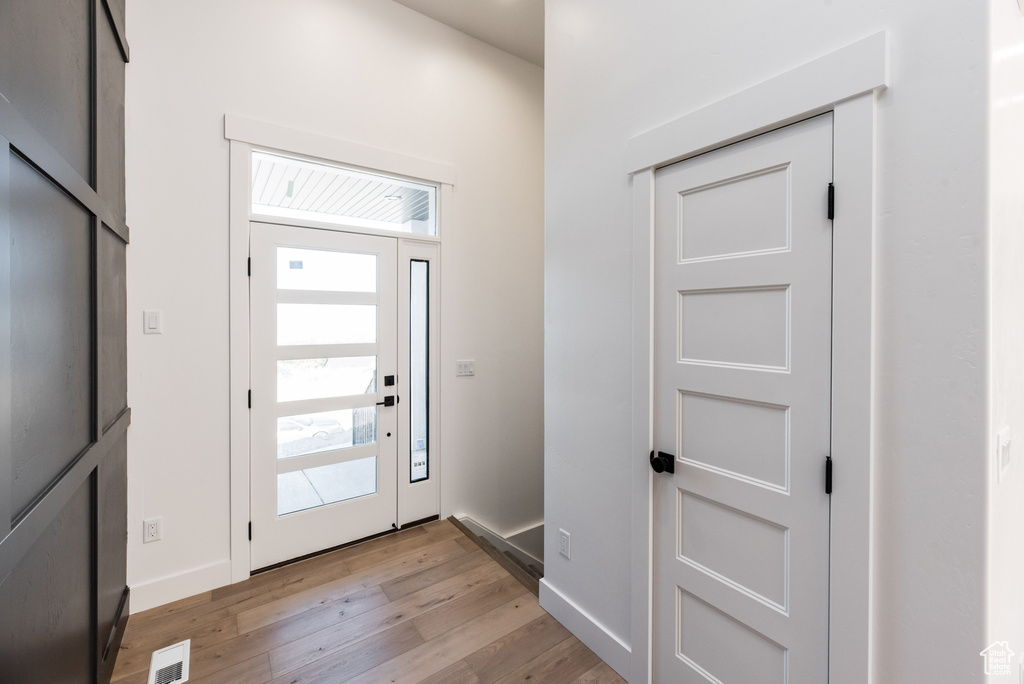 Foyer entrance with light hardwood / wood-style flooring