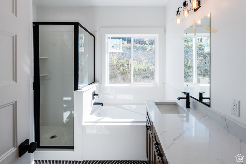 Bathroom with shower with separate bathtub and vanity