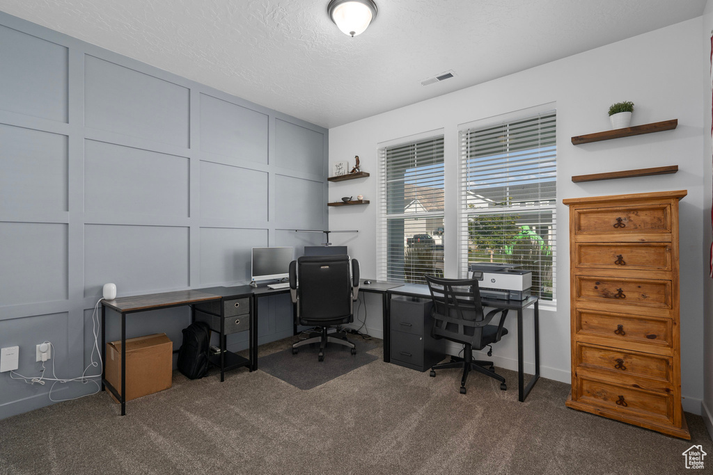 Carpeted office space with a textured ceiling