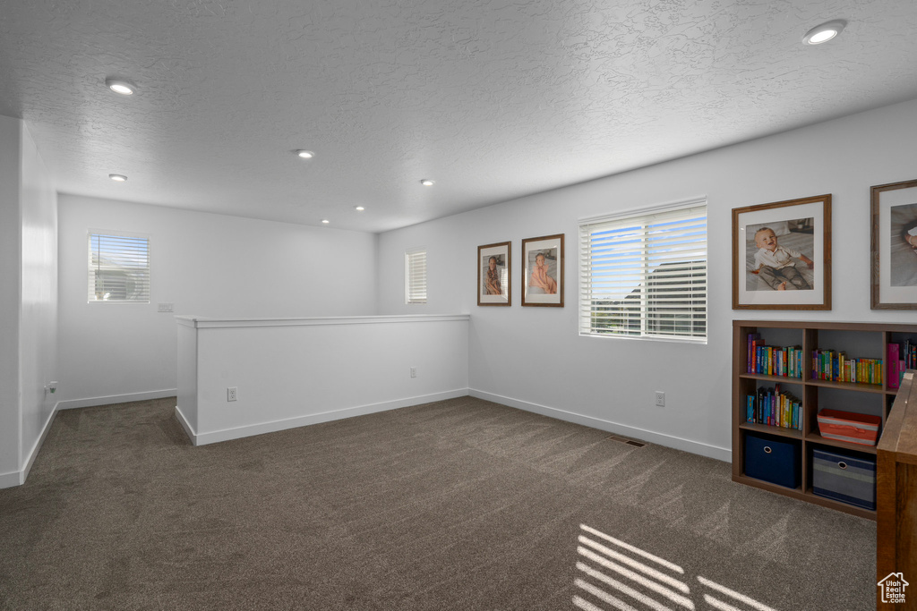 Carpeted spare room with a textured ceiling and plenty of natural light