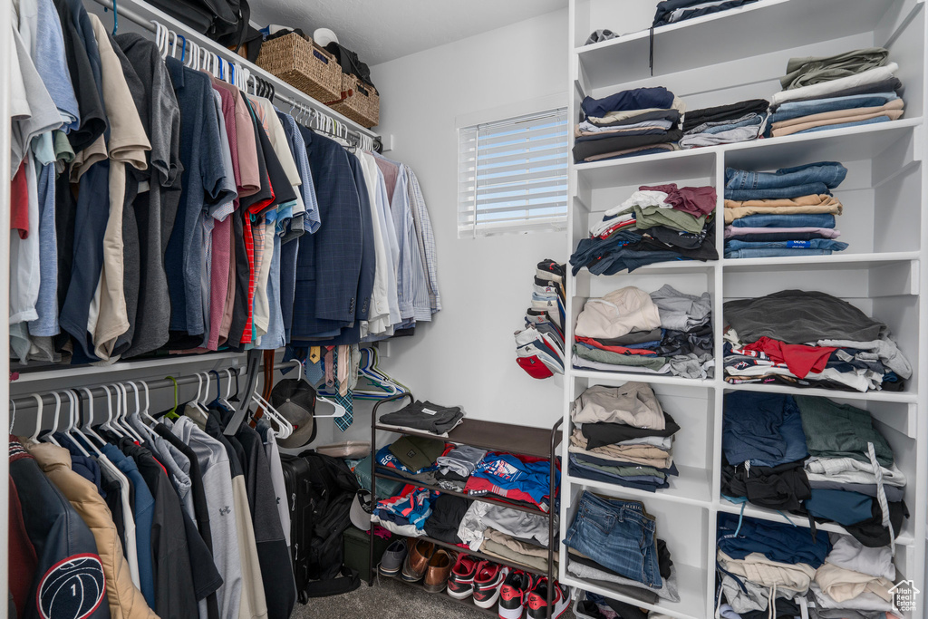 Walk in closet with carpet flooring