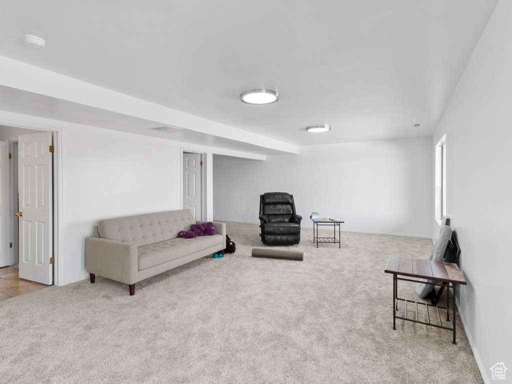 Living room featuring light colored carpet