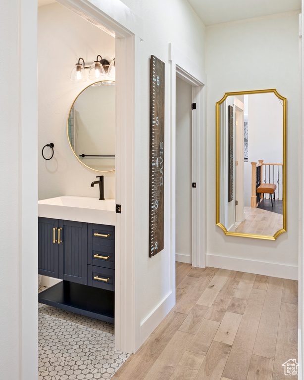 Bathroom featuring wood-type flooring and vanity