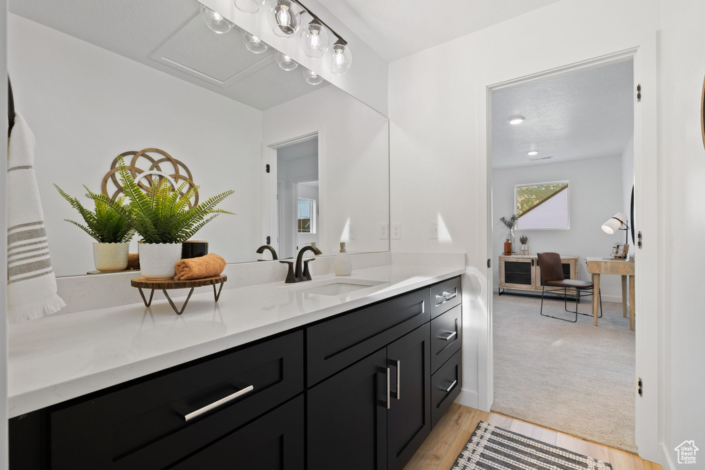 Bathroom with wood-type flooring and vanity