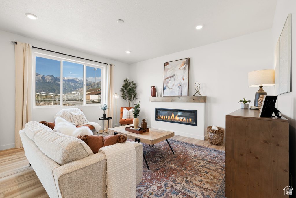 Living room with a mountain view and light hardwood / wood-style floors