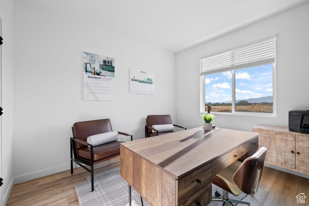 Office area featuring light wood-type flooring