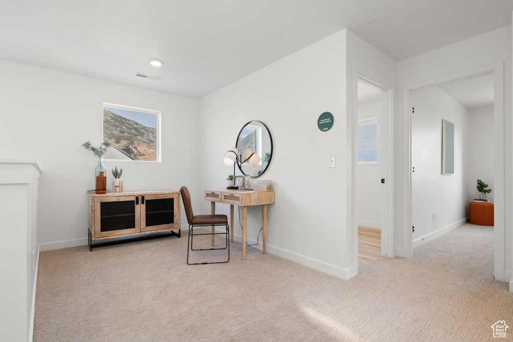 Sitting room featuring light carpet