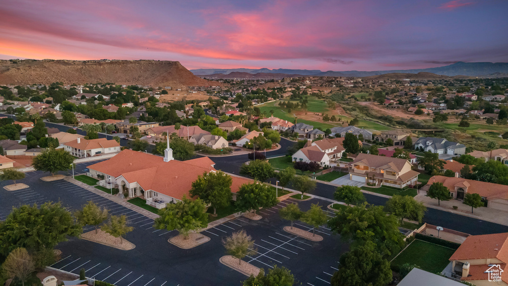 Aerial view at dusk with a mountain view